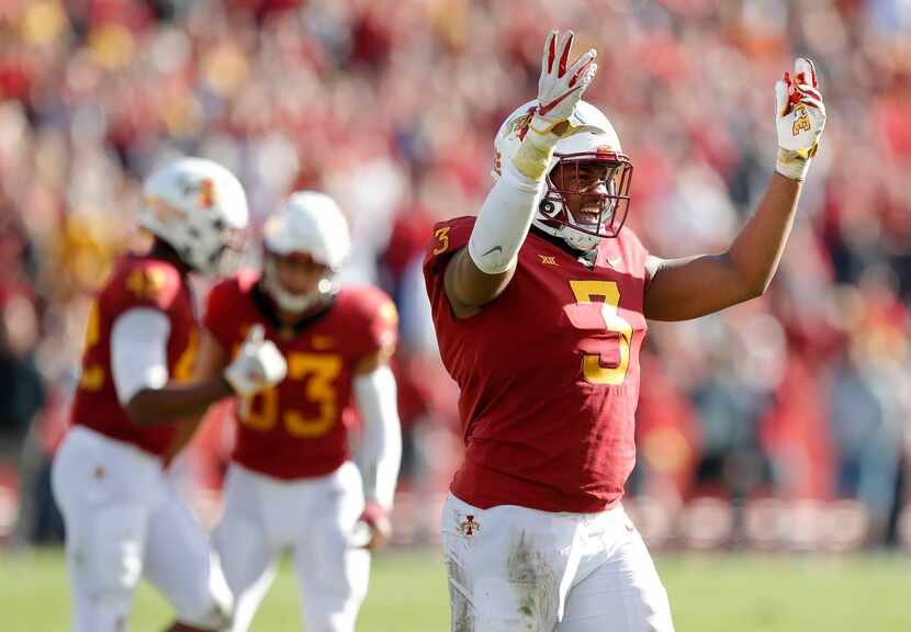 FILE - Iowa State defensive end JaQuan Bailey celebrates during the second half of an NCAA...