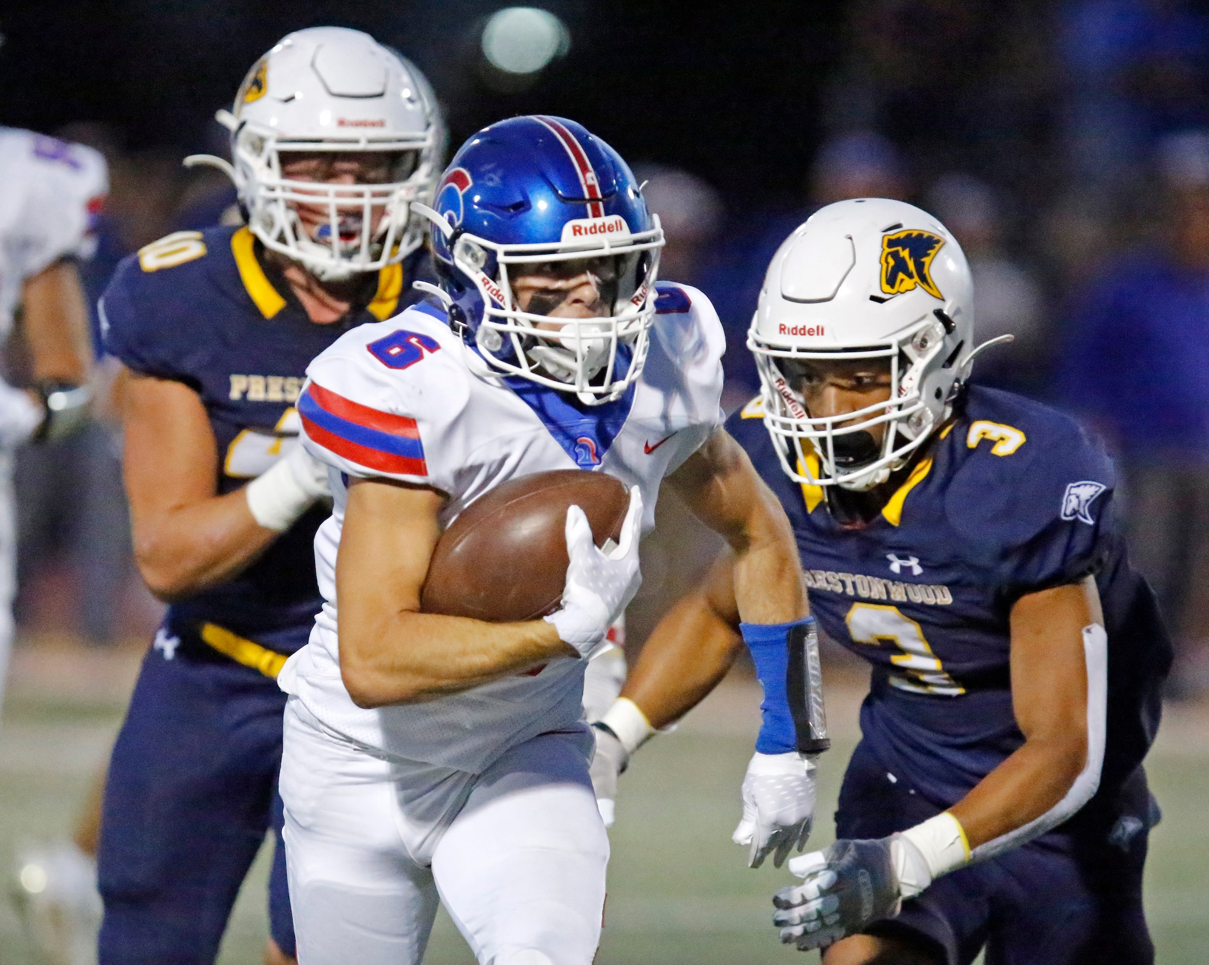 Trinity Christian Academy wide receiver Kyle Causey (6) is chased by Prestonwood Christian...