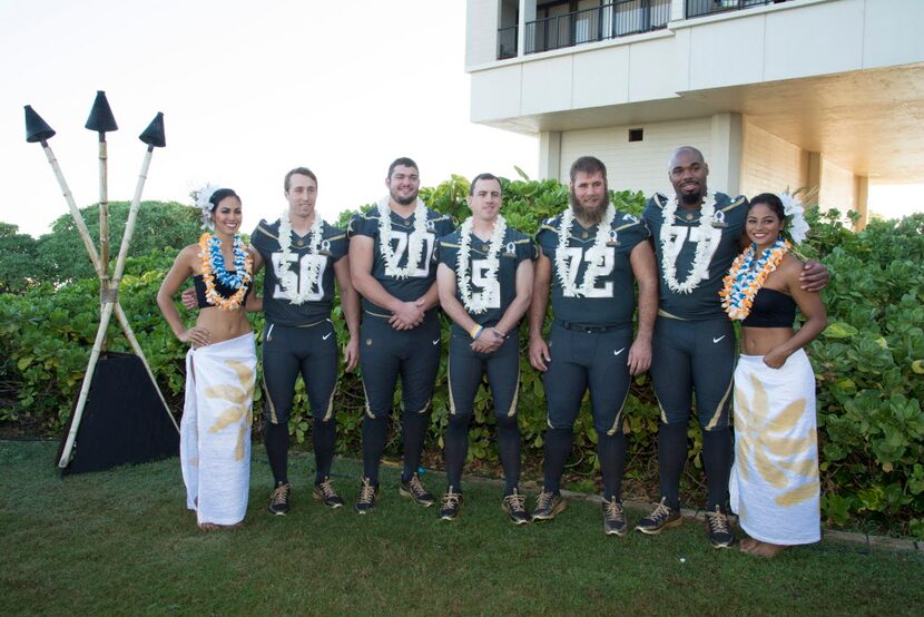 January 29, 2016; Kahuku, HI, USA; Hawaiian hostesses Chelsea Hardin (far left) and Mahina...