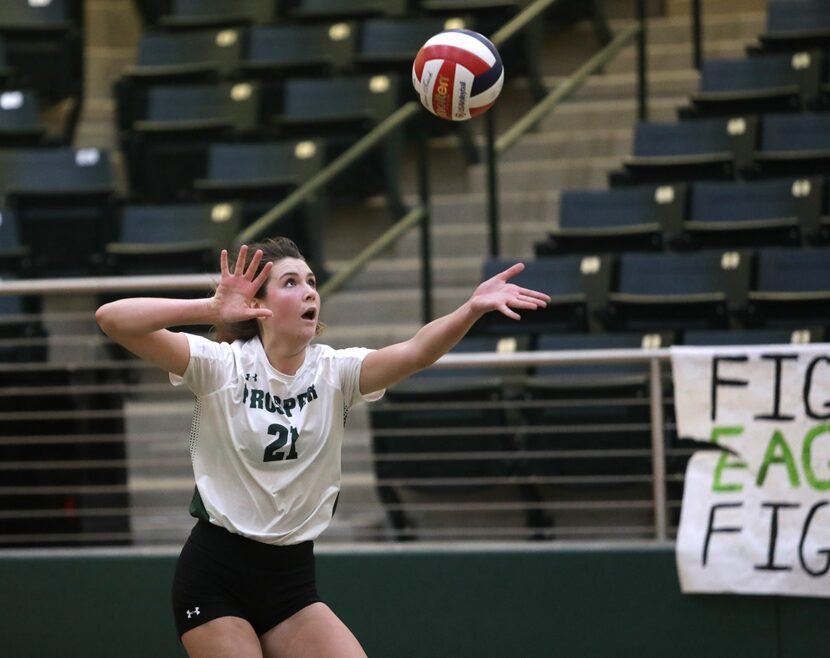 Prosper player # 21, Ayden Ames, prepares to hit the ball during a Denton Guyer High School...