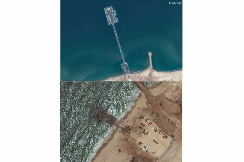 These images released by Maxar Technologies show the newly completed pier in the Gaza Strip...