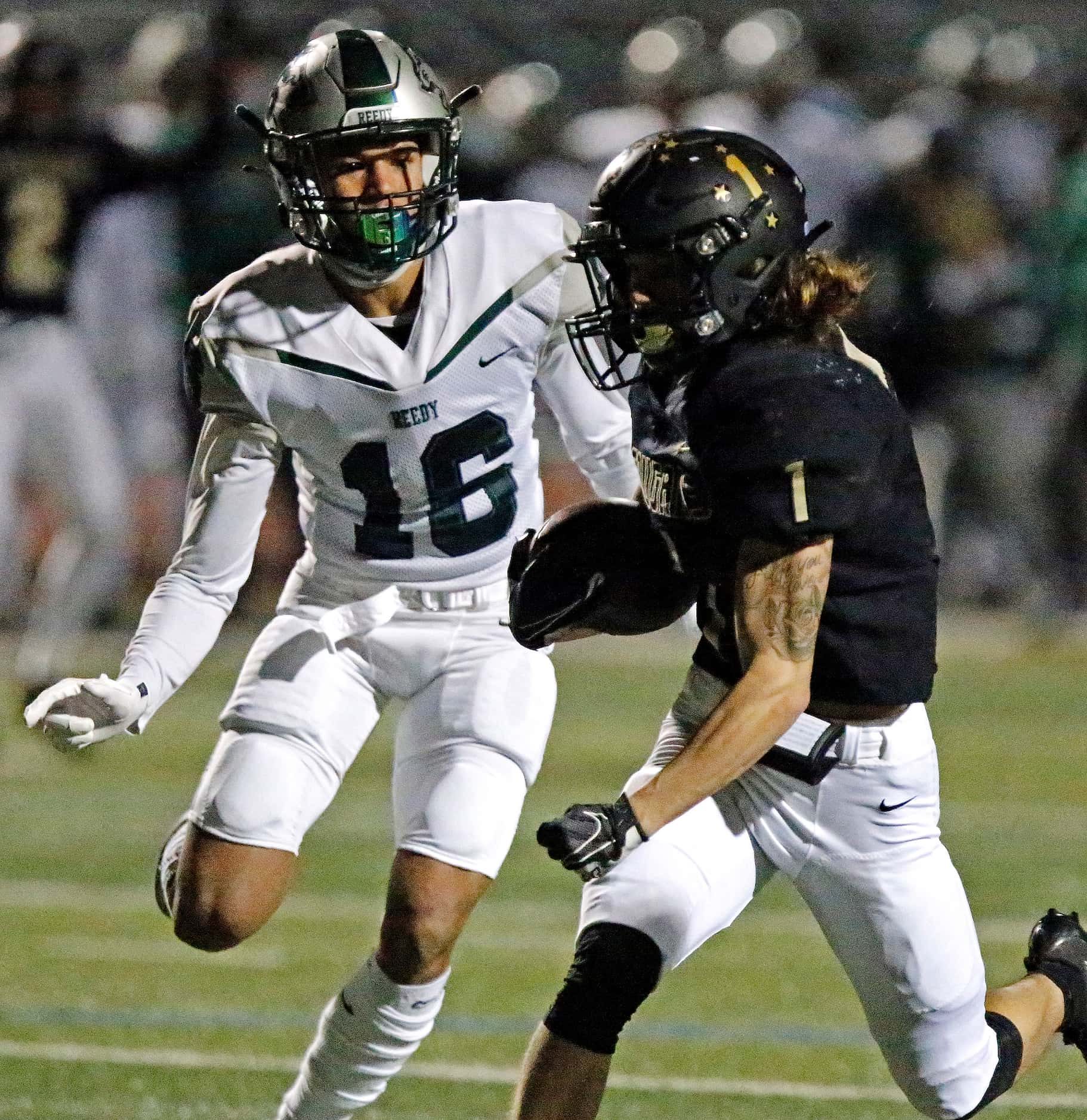 The Colony High School wide receiver Benji Nelson (1) out runs Reedy High School defensive...