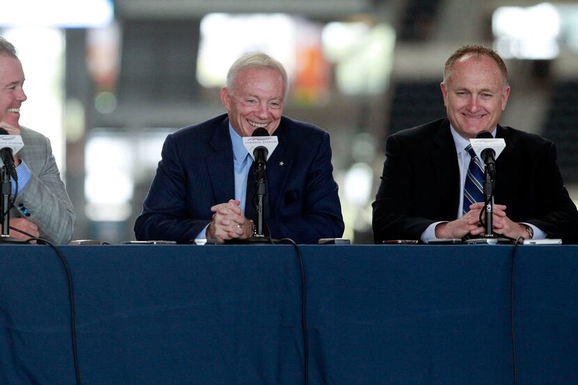 Dallas Cowboys Director of Player Personnel Stephen Jones, Owner Jerry Jones and Director of...