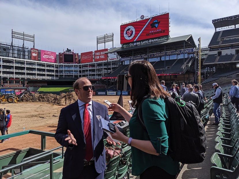 Dan Hunt, President of FC Dallas, talks to media at the Globe Life Park construction press...