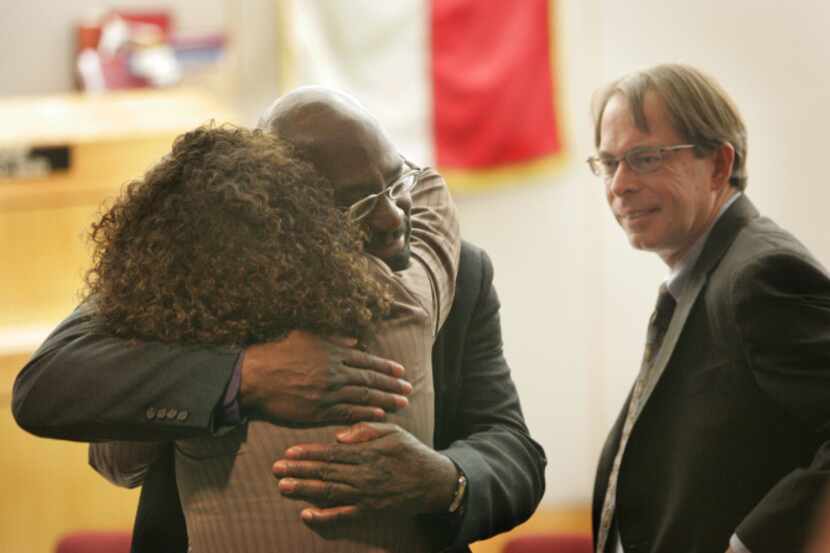 Jeff Blackburn (right), chief council for the Innocence Project of Texas, smiled in May 2008...