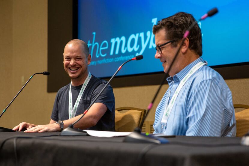 Journalist Jeff Maysh cracks up during a conversation led by Texas Monthly's Skip...