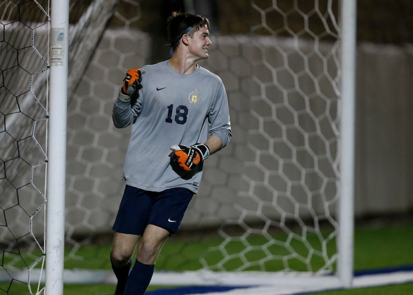 Jesuit's Luke Ostrander (18) celebrates making a stop of a La Joya Juarez-Lincoln penalty...