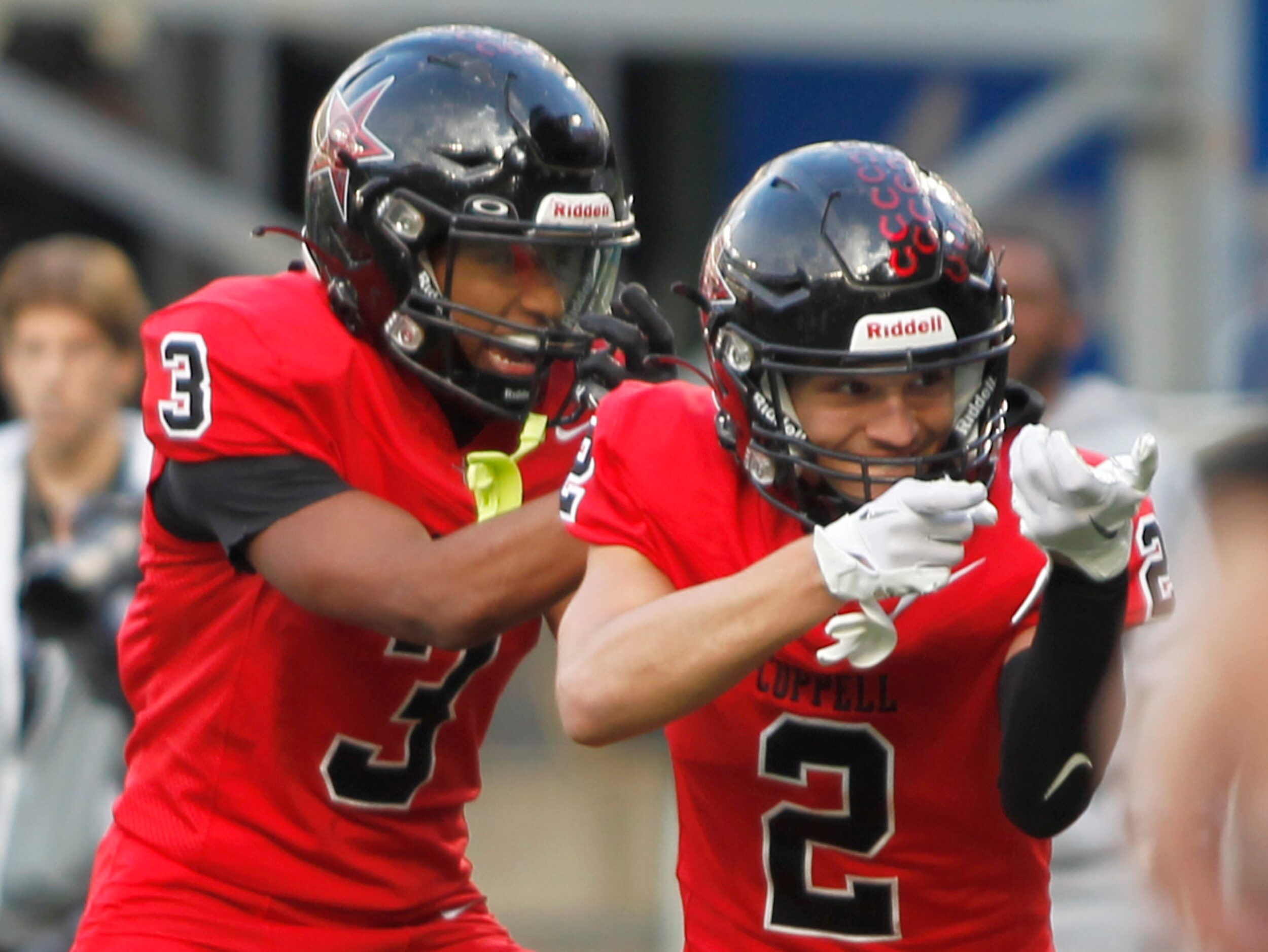 Coppell receiver Luca Grosoli (2), right, was all smiles as he celebrates his touchdown...