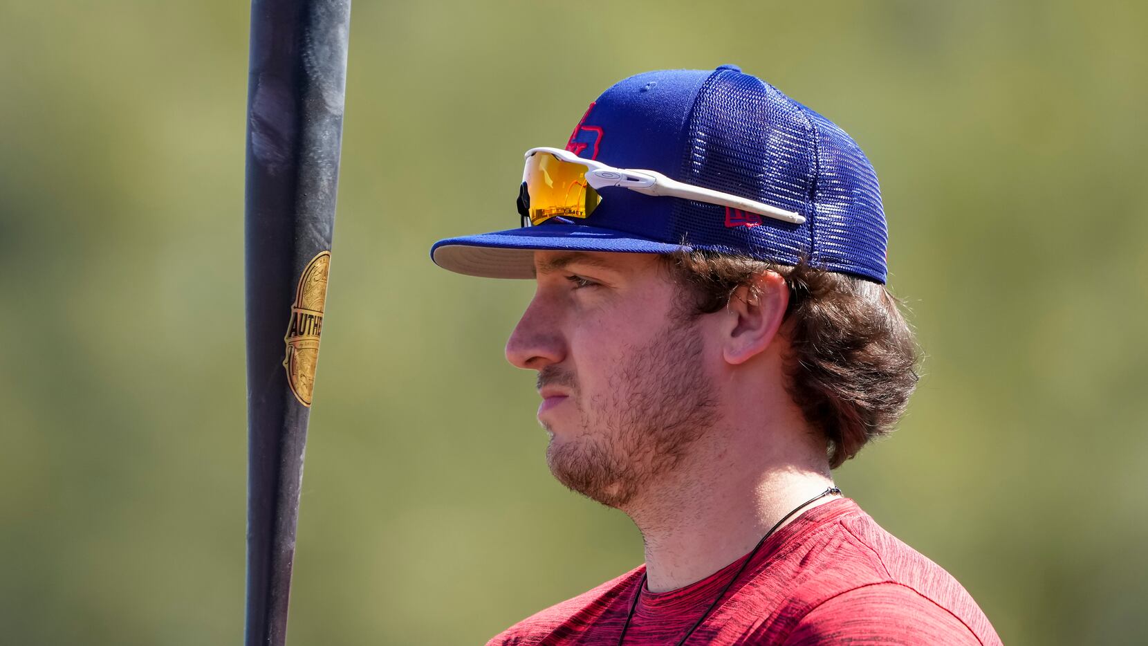 Outfielder Trevor Hauver prepares to take batting practice during a Texas Rangers minor...