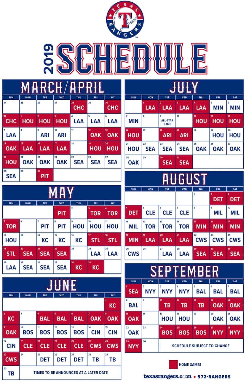 Calendario 2019 de los Rangers