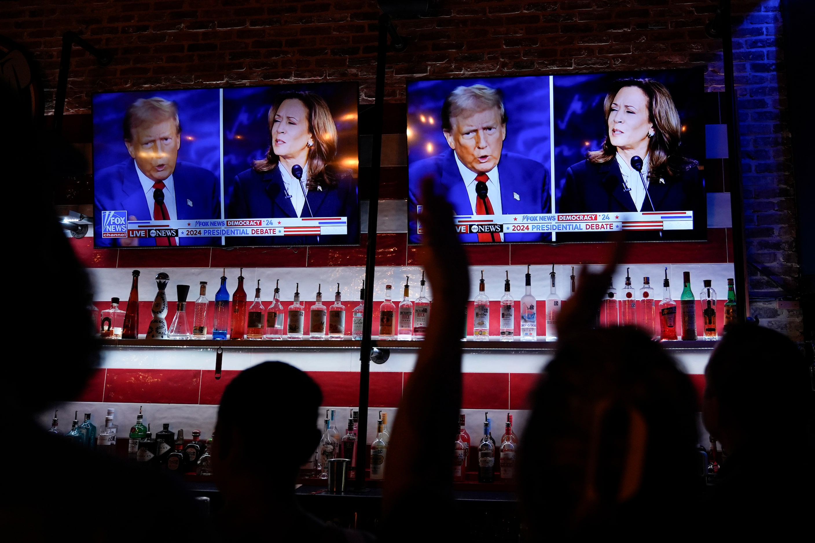 Viewers cheer as they watch a debate between Democratic presidential nominee Vice President...