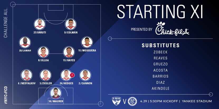 FC Dallas starting XI at New York City FC. (4-29-18)