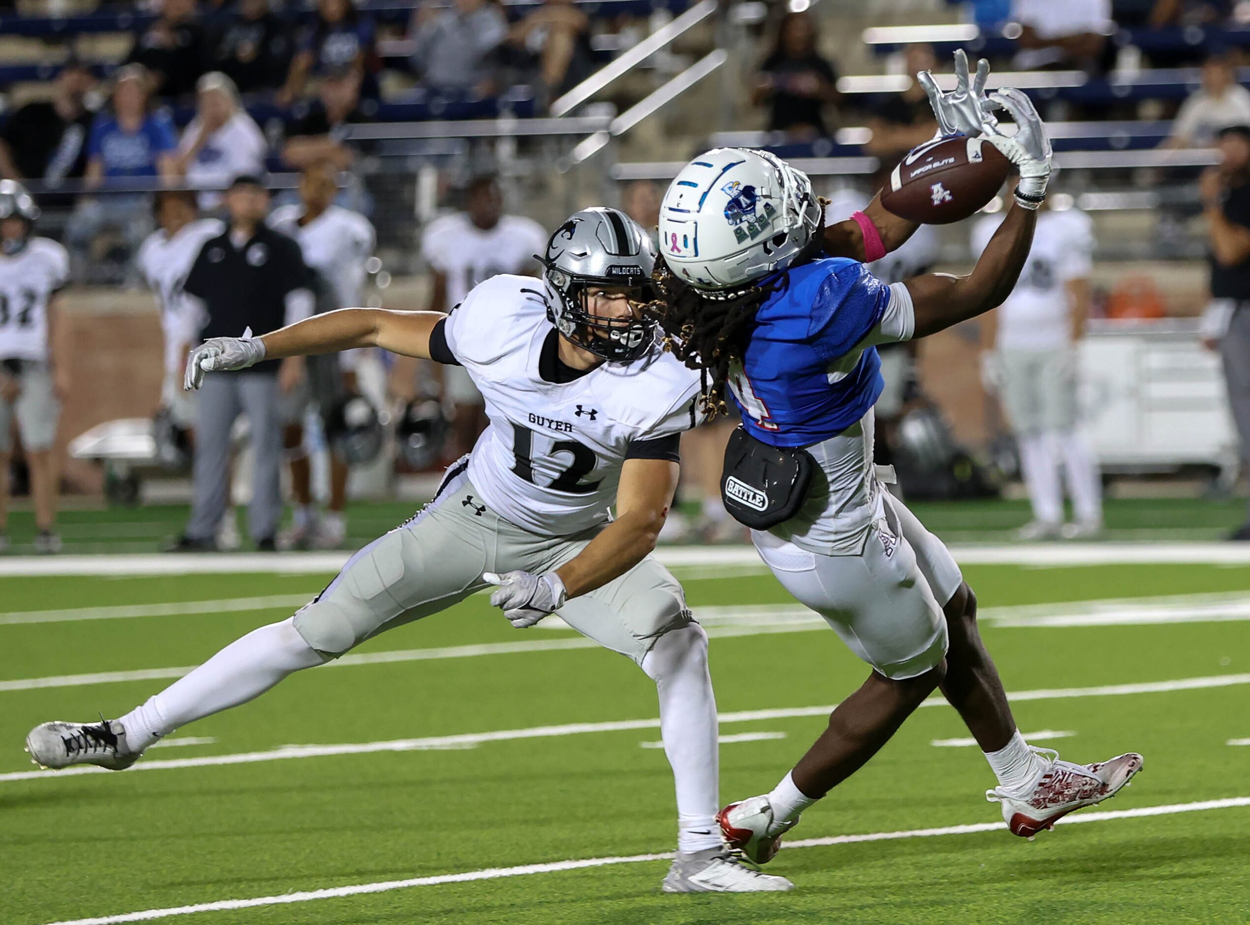 Allen wide receiver Messiah Washington (4) come up with a 35 yard reception against Denton...