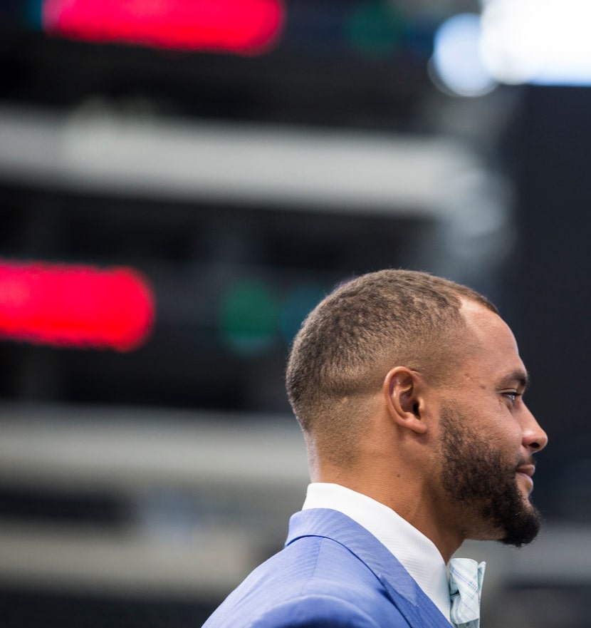 Quarterback Dak Prescott is introduced during the annual Cowboys Kickoff Luncheon at AT&T...