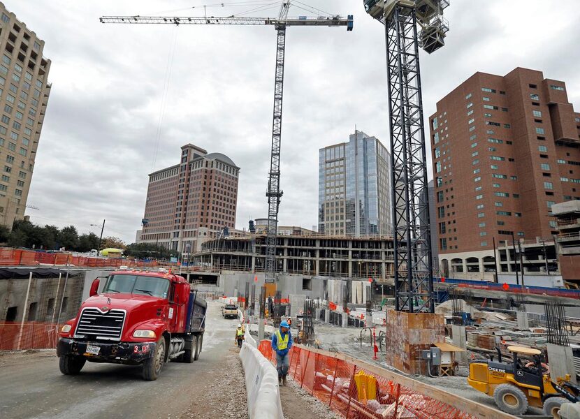 
Construction workers were hard at work on an office tower at McKinney and Olive in Uptown...