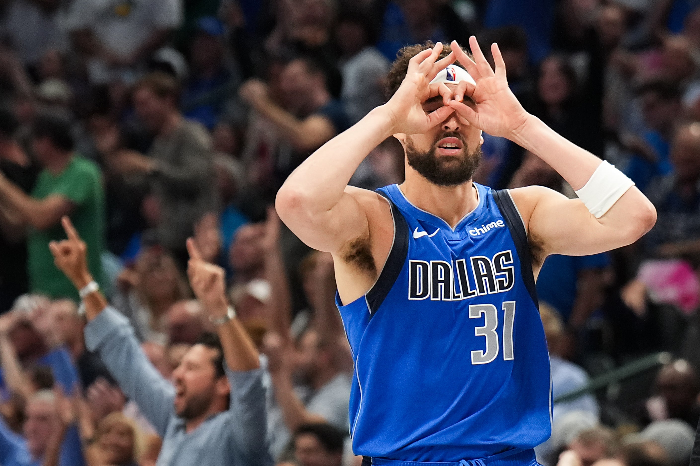 Dallas Mavericks guard Klay Thompson celebrates after hitting 3-pointer during the second...