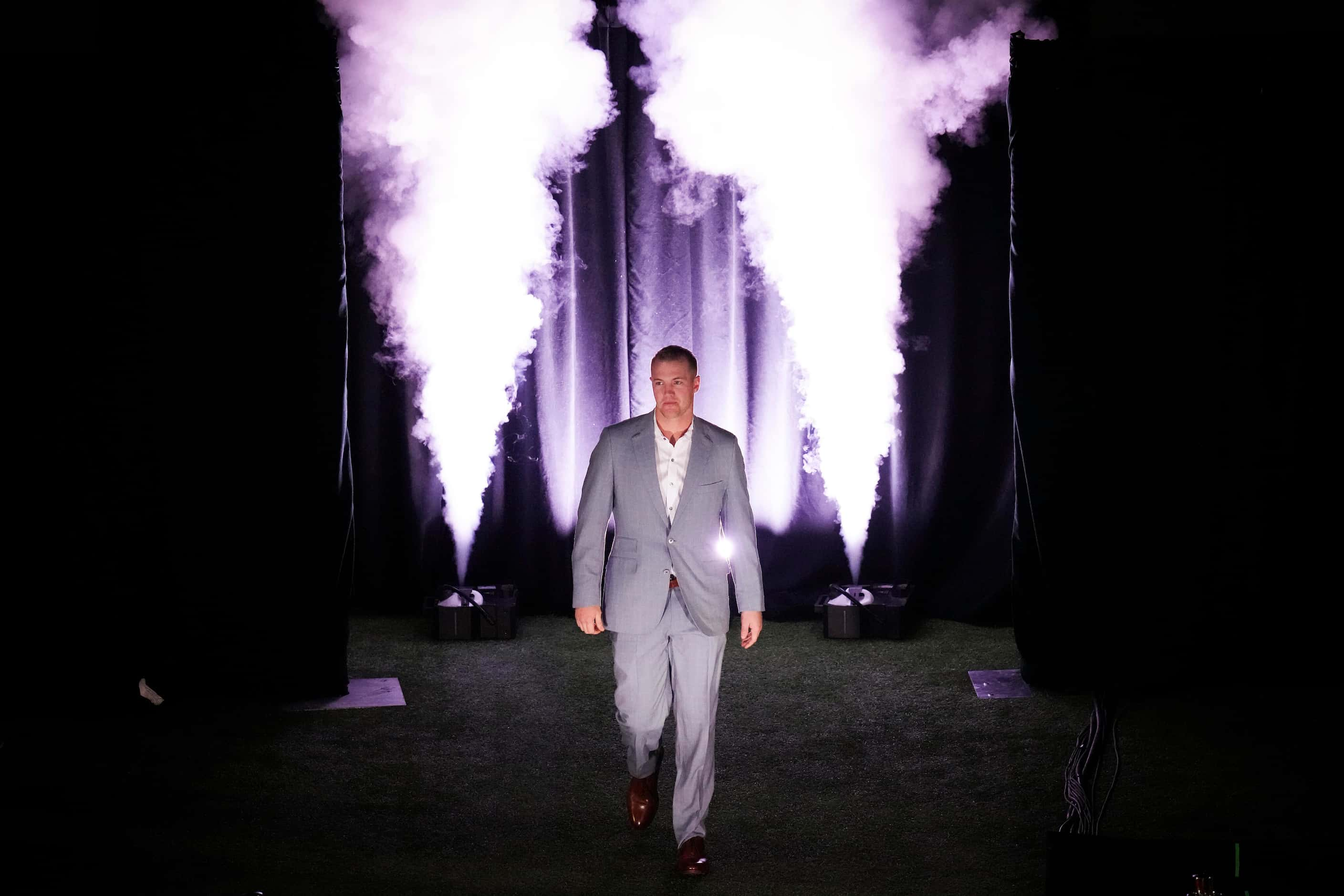 Texas Rangers third baseman Josh Jung walks the red carpet as he is introduced during the...