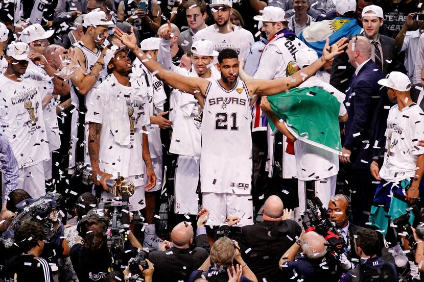 SAN ANTONIO, TX - JUNE 15:  Tim Duncan #21 of the San Antonio Spurs celebrates after...
