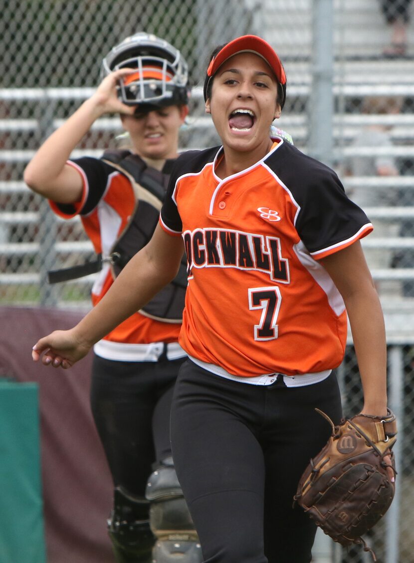 Rockwall first baseman Bailey Wallace (7) celebrates after catching a foul ball to end the...