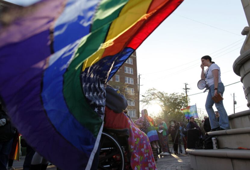 Meg Hargis gives a speech for equal rights during a marriage equality rally in support of...
