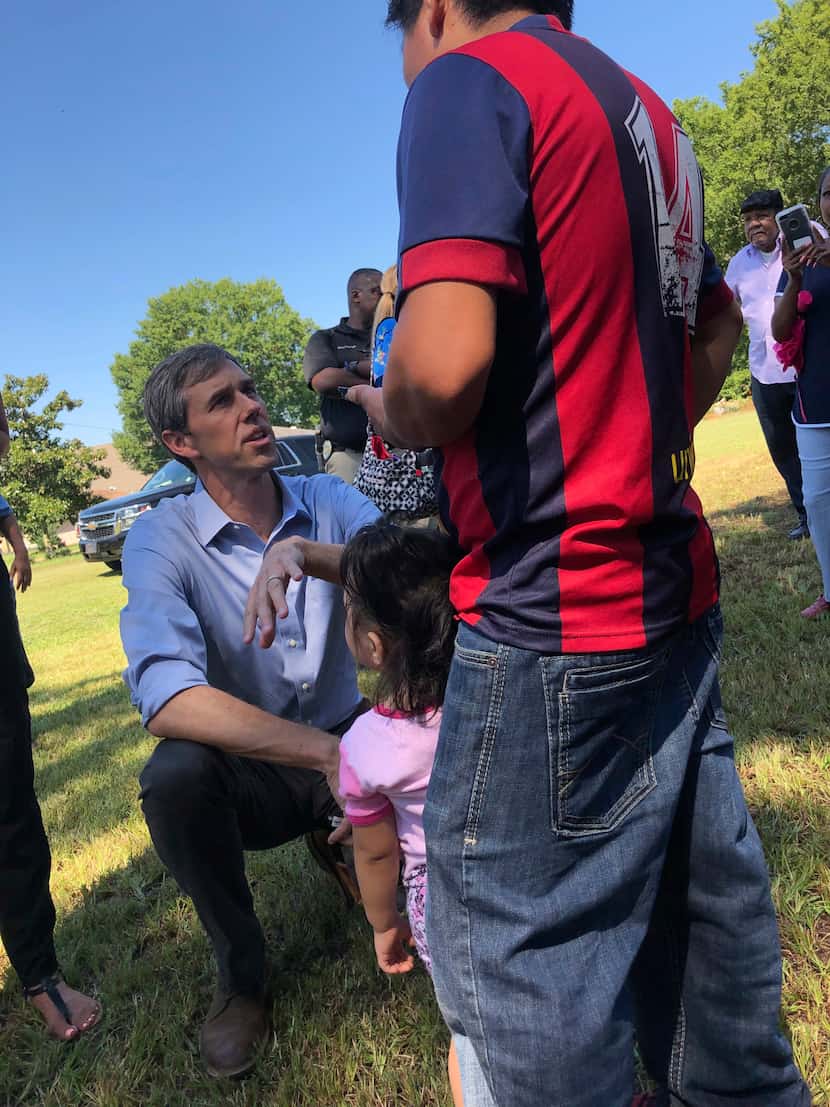 Presidential candidate Beto O'Rourke speaks in Spanish to Guatemalan immigrant Agusto Lopez...