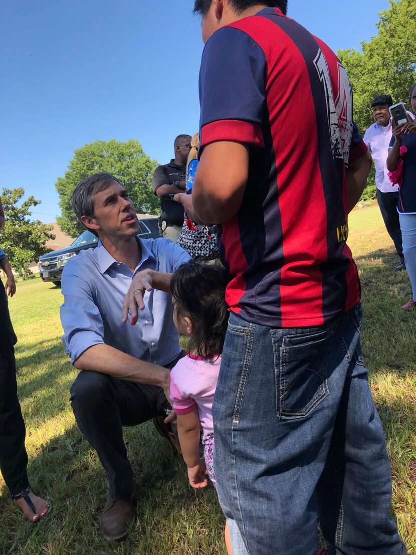 Presidential candidate Beto O'Rourke speaks in Spanish to Guatemalan immigrant Agusto Lopez...