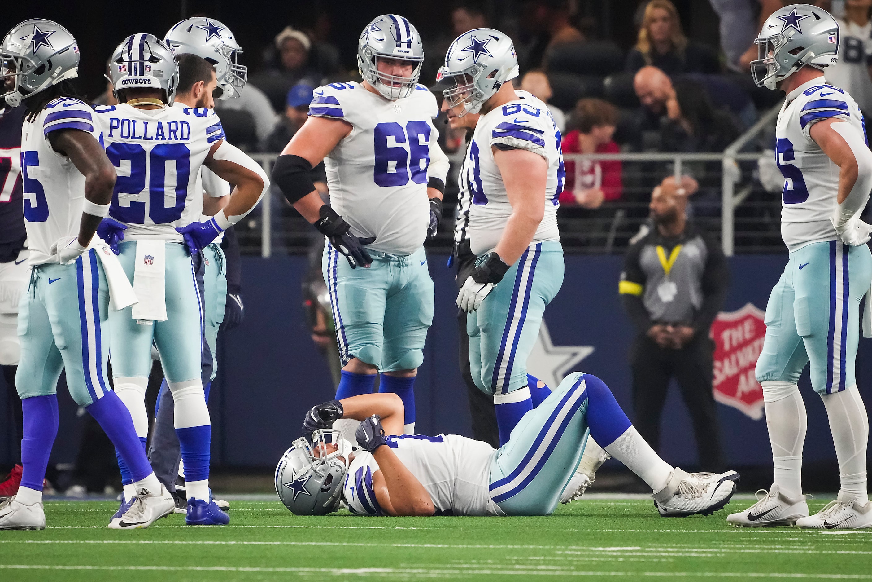 Dallas Cowboys offensive tackle Terence Steele (78) stays on the field after being injured...