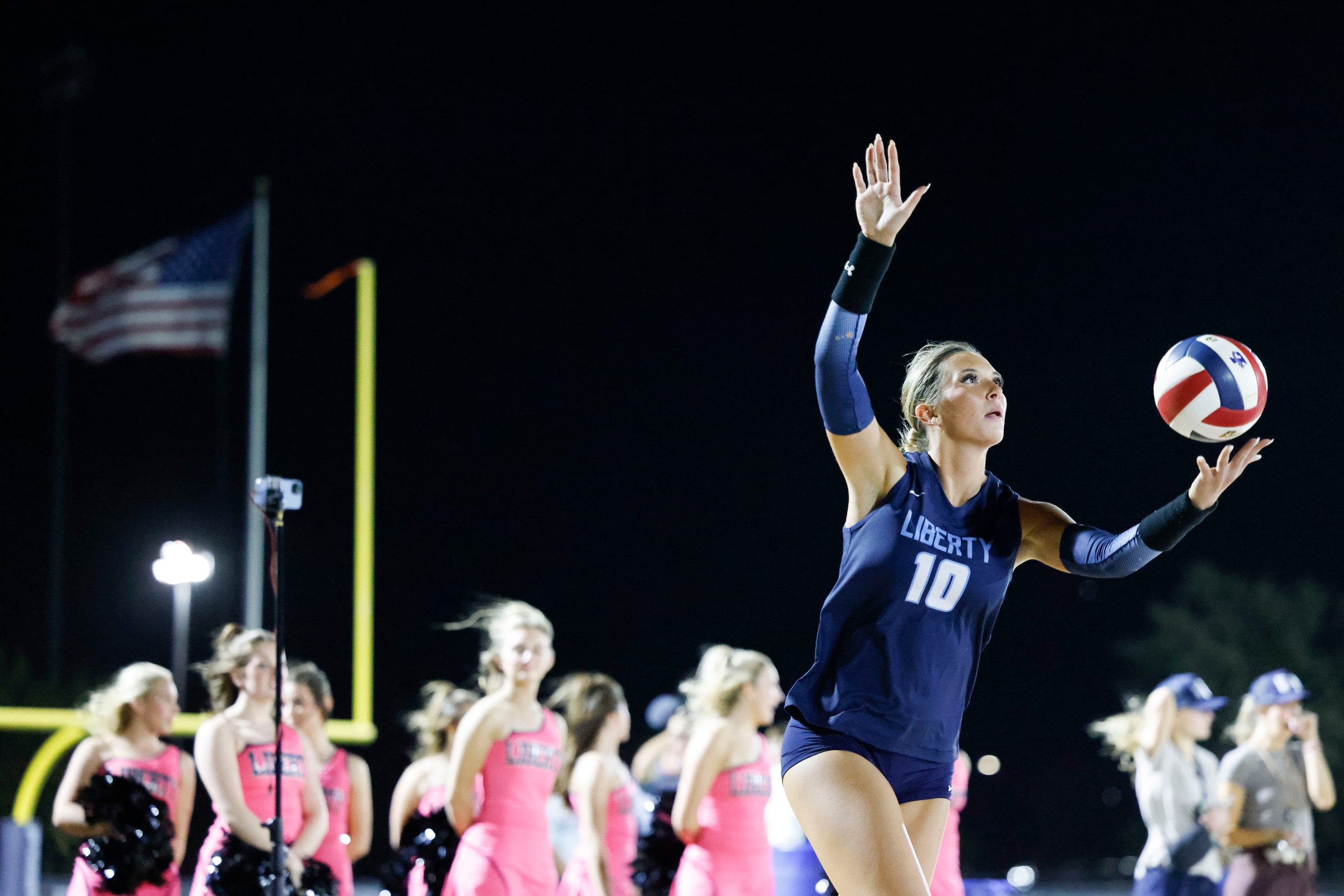 Liberty Christian School’s Morgan Inemer serves against Grapevine High School during an...