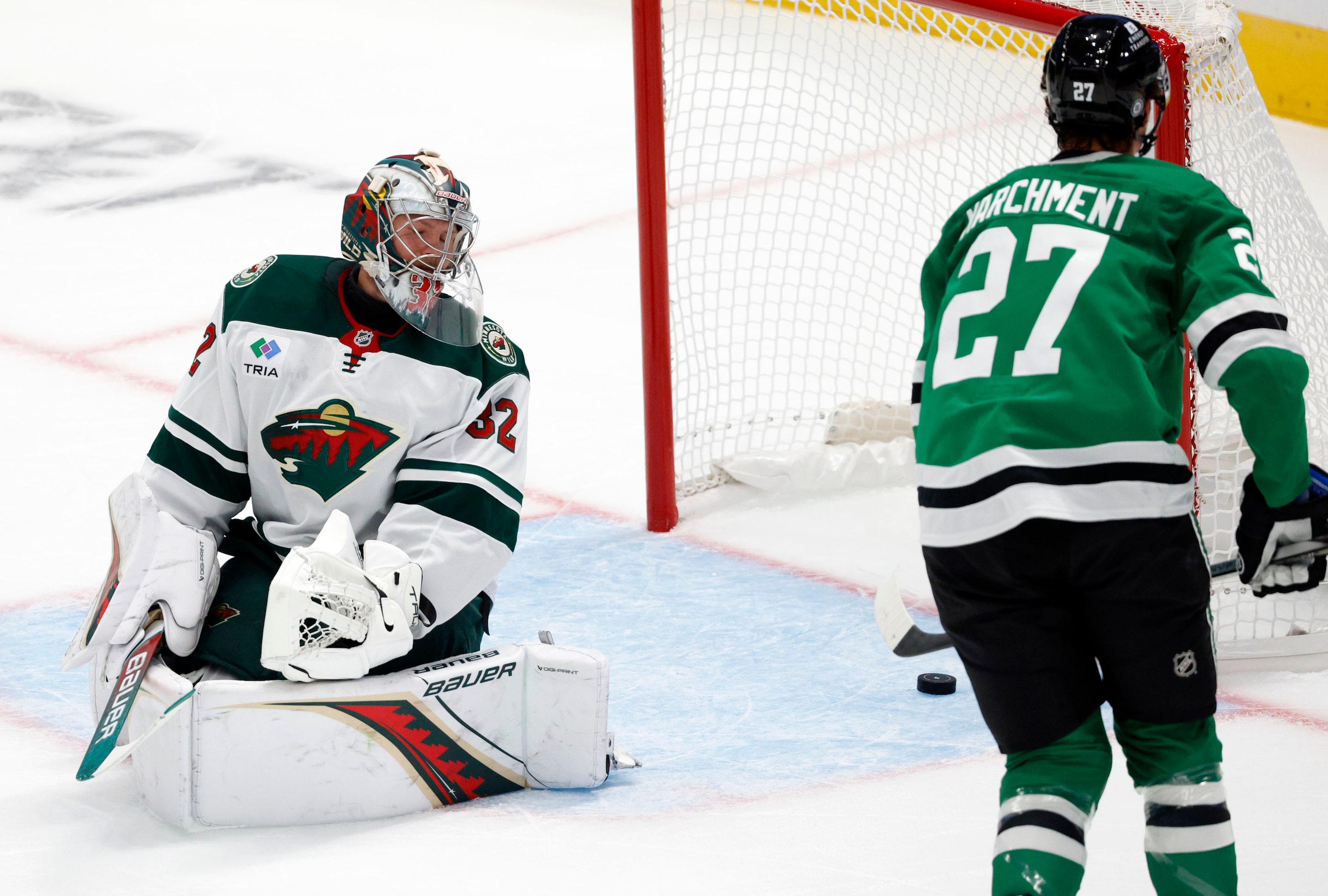 Dallas Stars left wing Mason Marchment (27) scores a goal against Minnesota Wild goaltender...