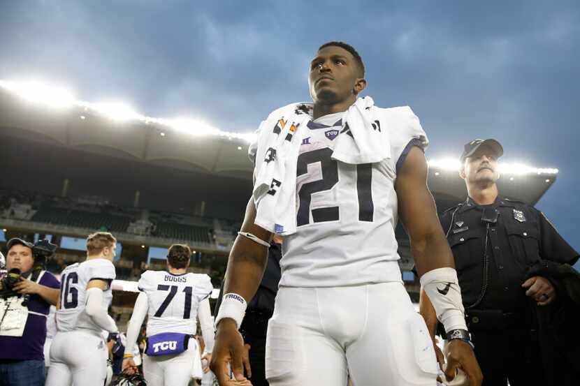 TCU Horned Frogs running back Kyle Hicks (21) waits to be interviewed after their win over...