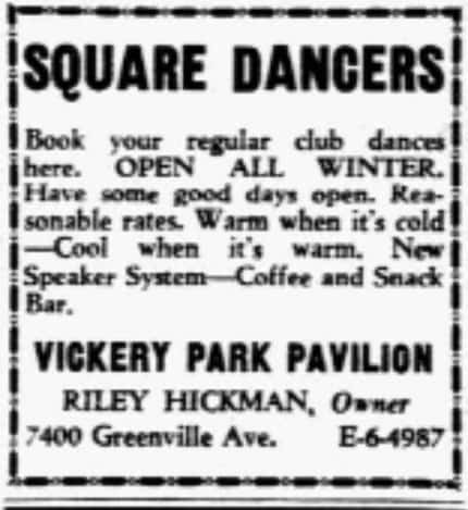 A newspaper advertisement touts year-round entertainment at Vickery Park Pavilion.