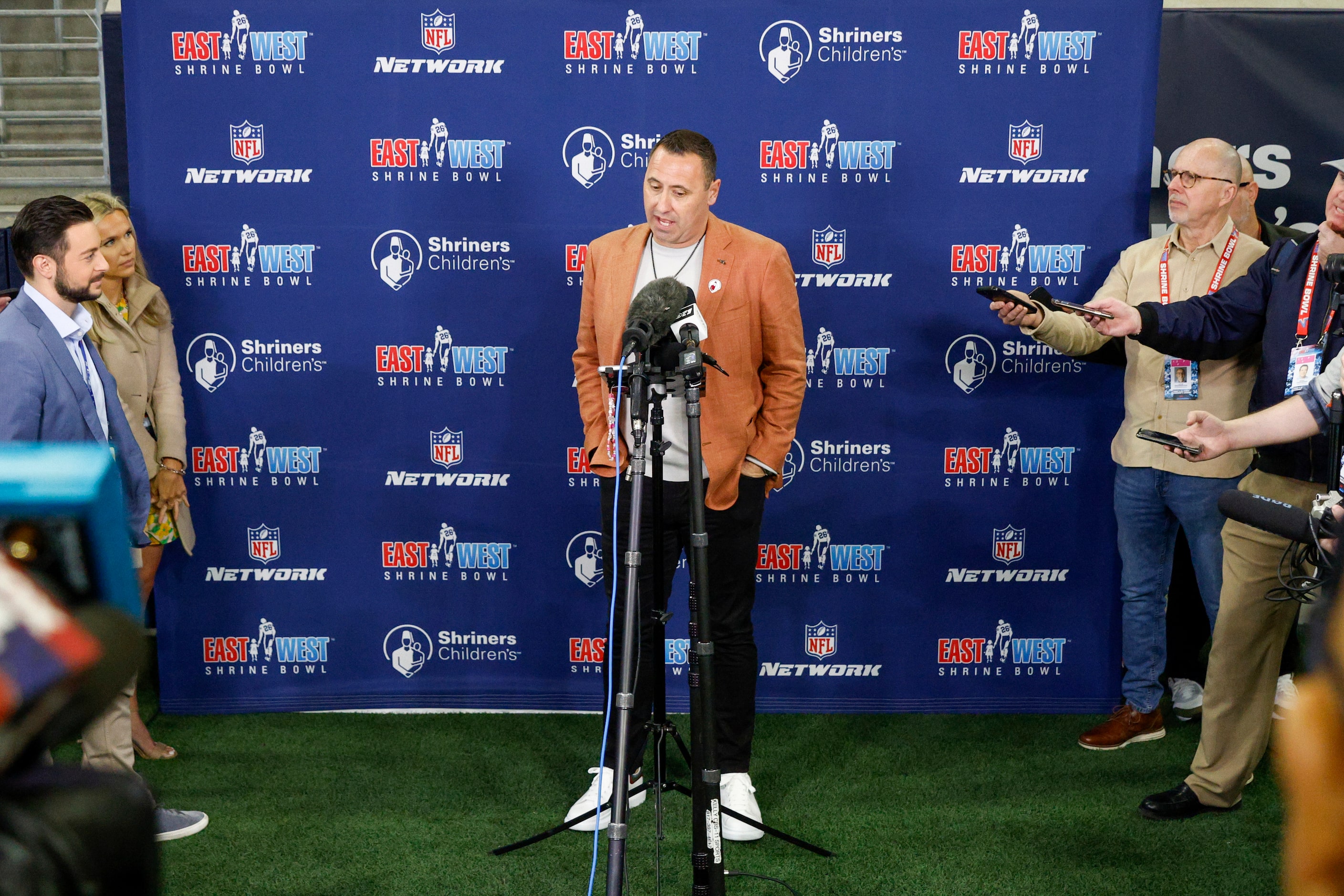 Texas Longhorns head coach Steve Sarkisian speaks with members of the media after an...