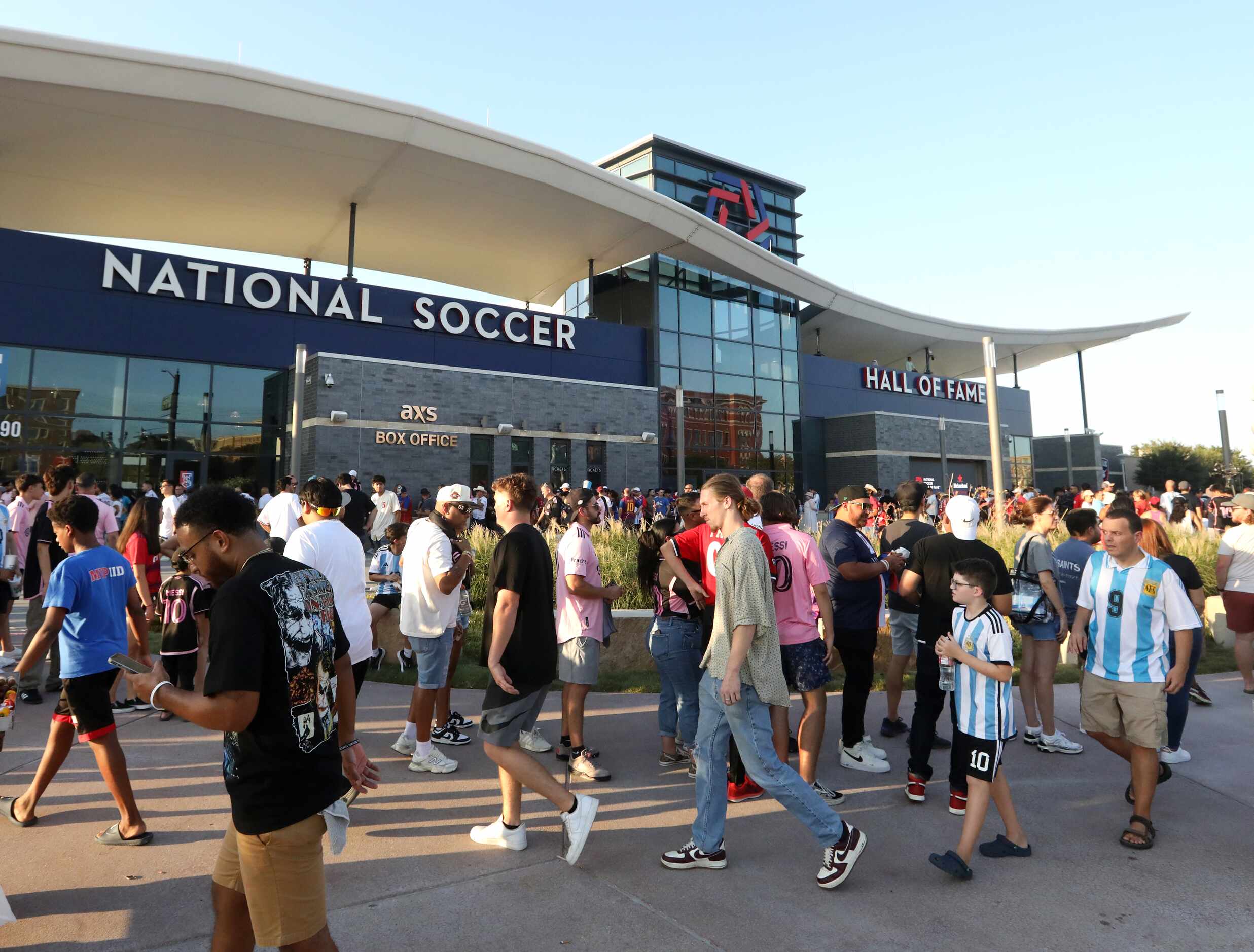 Fans head towards the gates as they open for an FC Dallas game at Toyota Stadium in Frisco,...