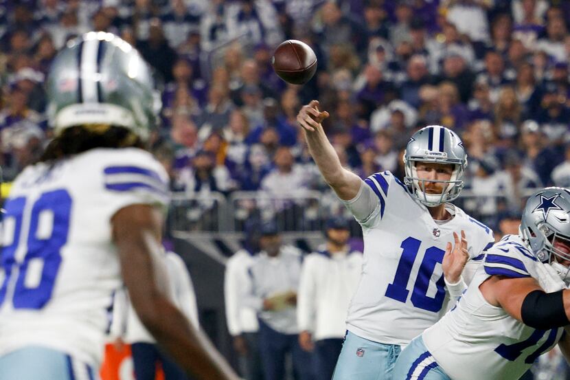 Dallas Cowboys quarterback Cooper Rush (10) throws a pass to Dallas Cowboys wide receiver...