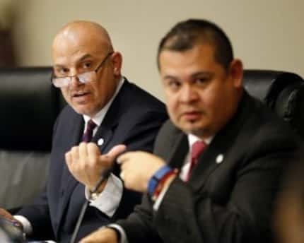  Fort Worth Superintendent Kent Scribner (left) and school board President Jacinto Ramos led...