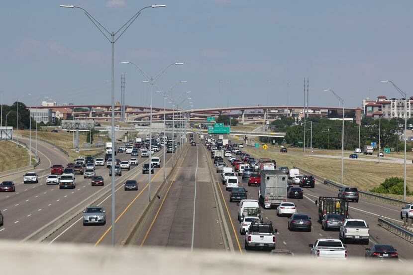 Traffic on Texas 183 TEXpress, Tuesday, June 21, 2022 in Arlington, Texas. Gas prices...