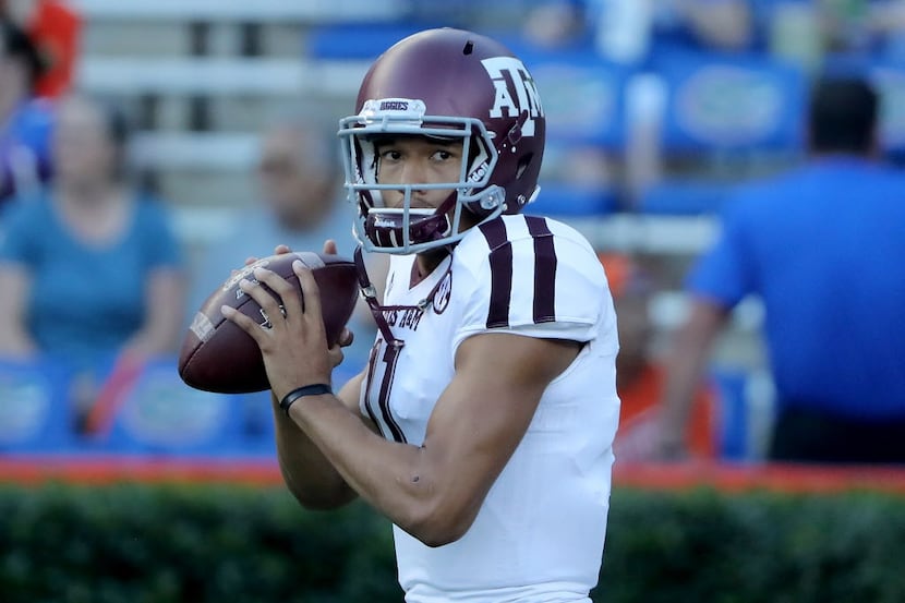 GAINESVILLE, FL - OCTOBER 14:  Kellen Mond #11 of the Texas A&M Aggies warms up prior to the...