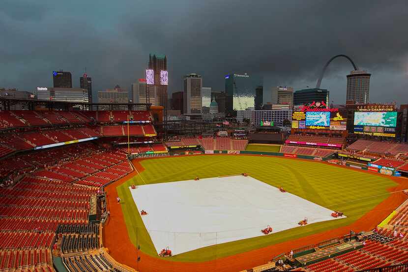ST. LOUIS, MO - JUNE 23: A storm front moves into downtown St. Louis, delaying a game...