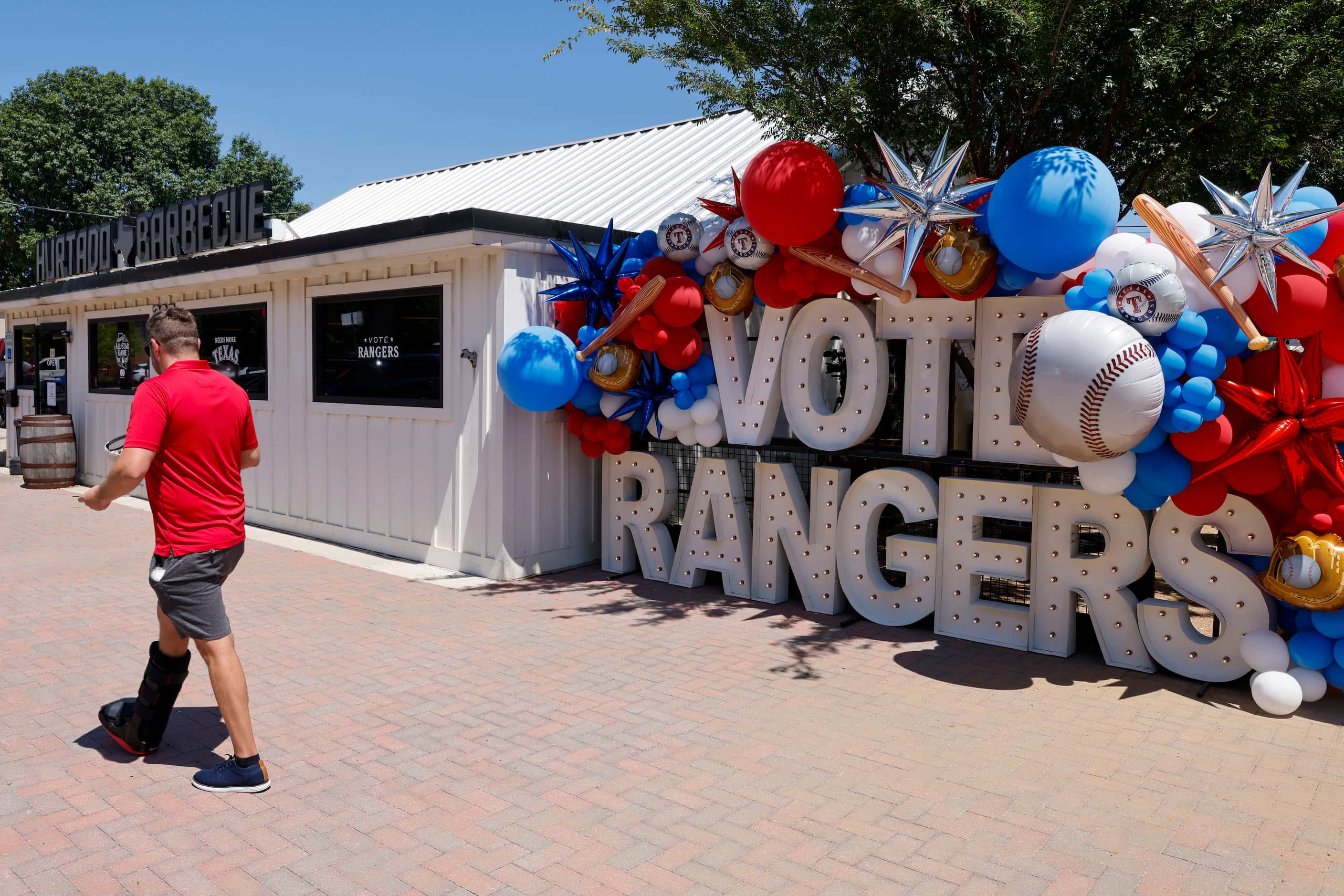 A Texas Rangers themed balloon display is seen at Hurtado Barbecue, Friday, June 7, 2024, in...