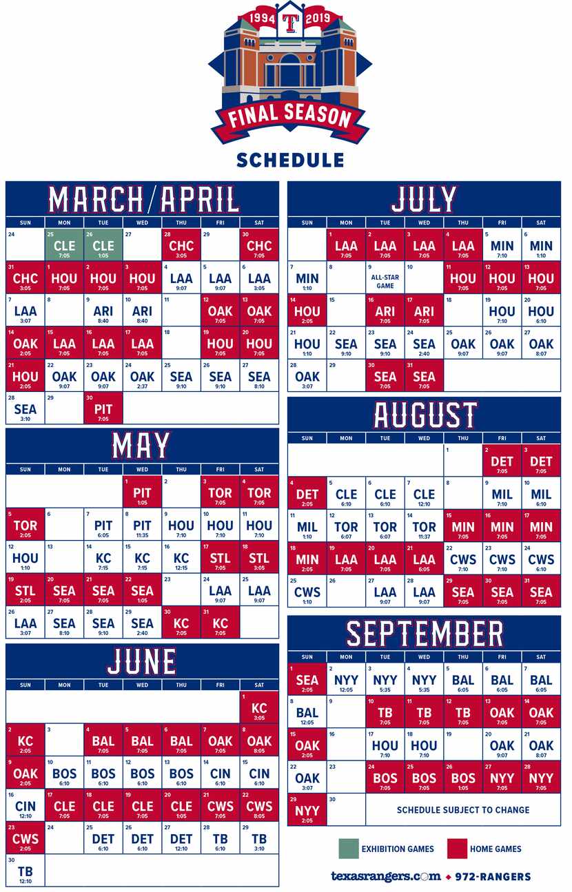 Full 2019 schedule, via the Texas Rangers.