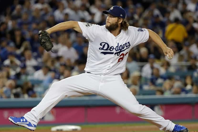 FILE - In this Wednesday, Nov. 1, 2017 file photo, Los Angeles Dodgers' Clayton Kershaw...
