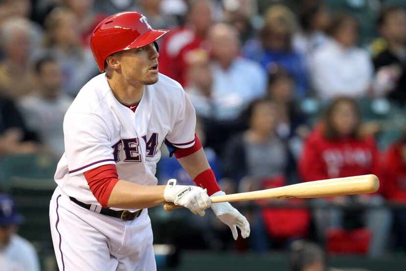 Texas first baseman Jeff Baker is pictured during the Seattle Mariners vs. the Texas Rangers...