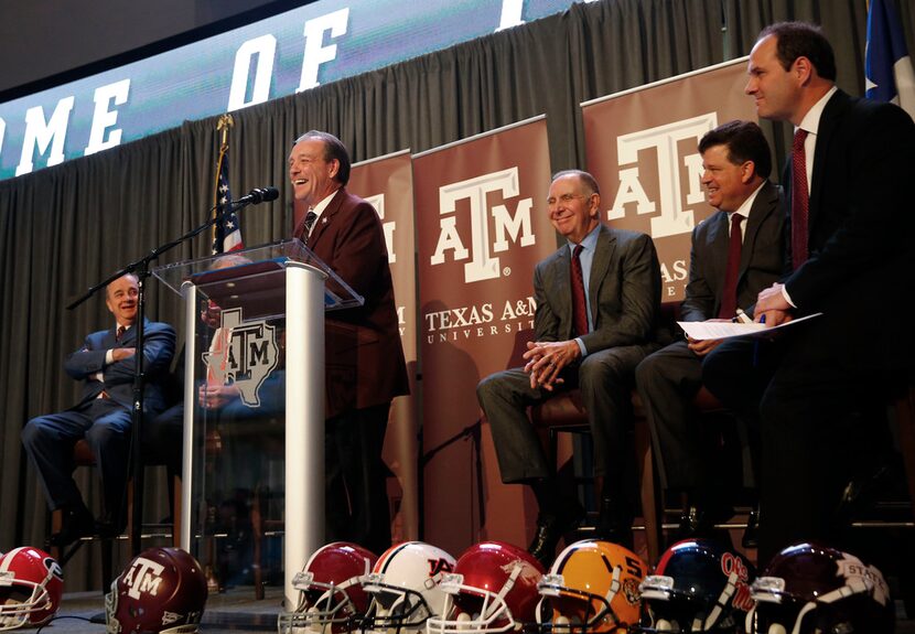 Texas A&M's new coach Jimbo Fisher gives a speech during a press conference at Kyle Field in...