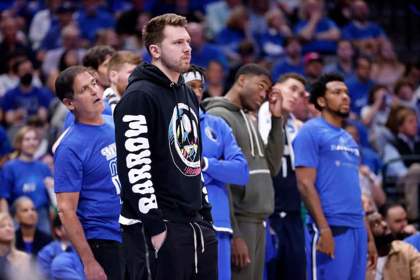 Dallas Mavericks guard Luka Doncic watches Game 1 of an NBA first-round playoff game from...