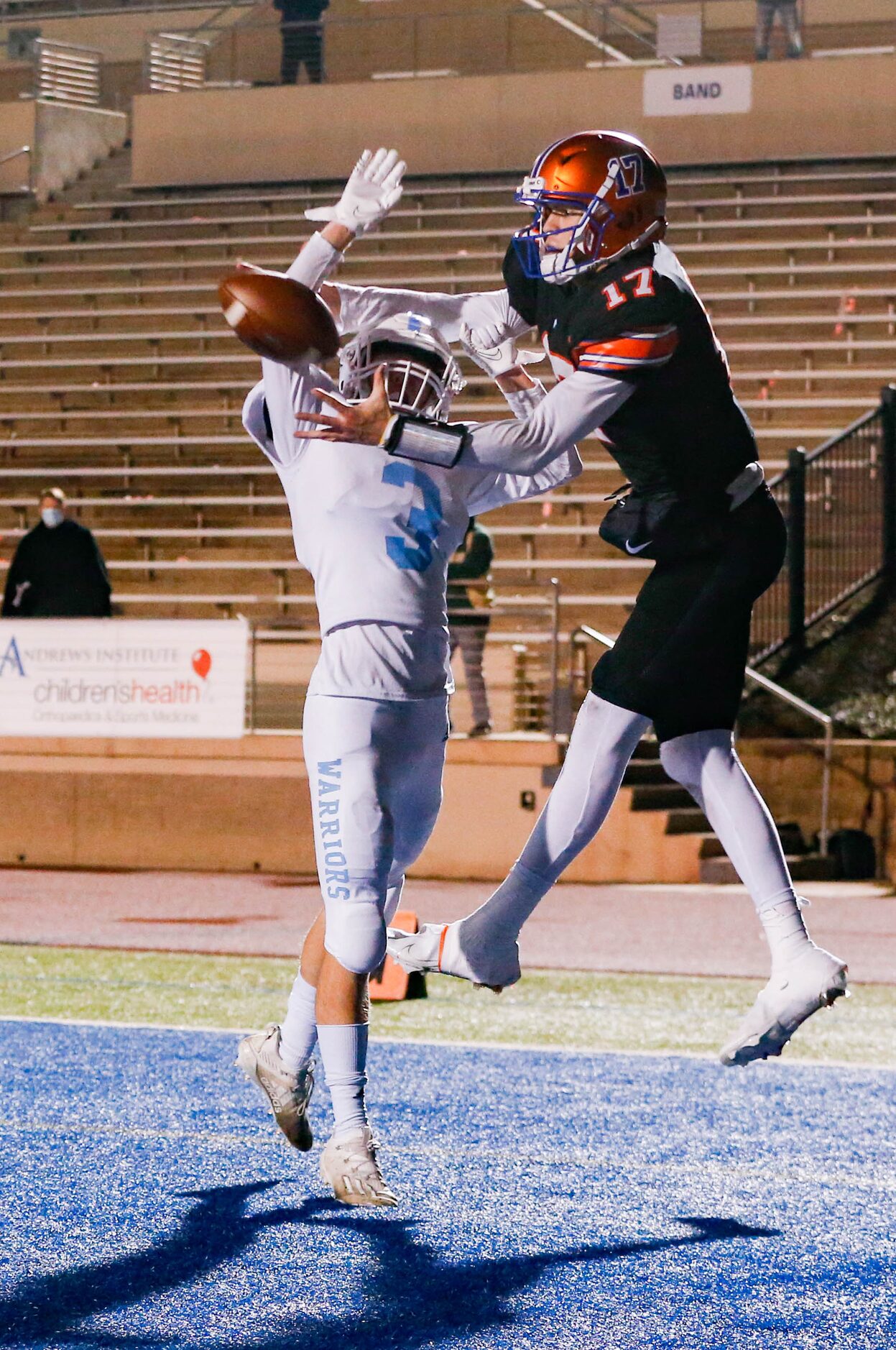 Colleyville Covenant's Austin Scheets (17) catches a pass in the end zone as Cypress...