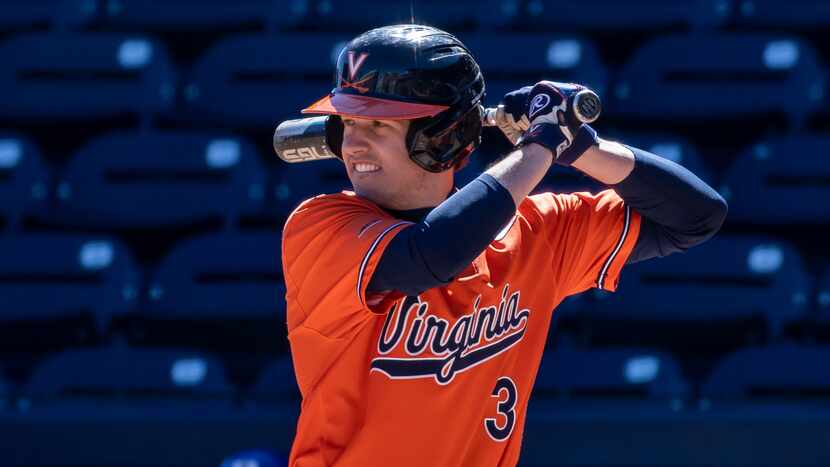 Virginia catcher Kyle Teel #3 at bat during an NCAA baseball game on Saturday, March 13,...