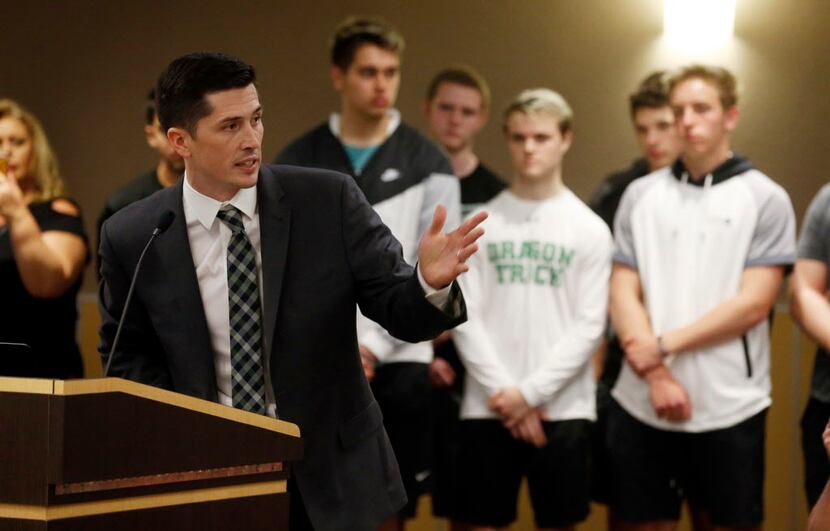 Riley Dodge speaks after he was introduced as the  Southlake Carroll football coach during a...