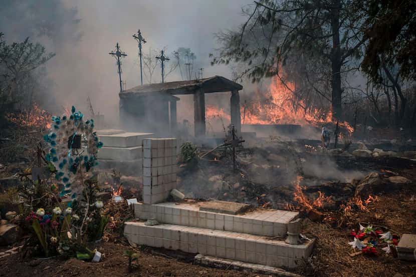 Un incendio forestal quema parte de un cementerio el lunes 25 de marzo de 2024, en Nogales,...