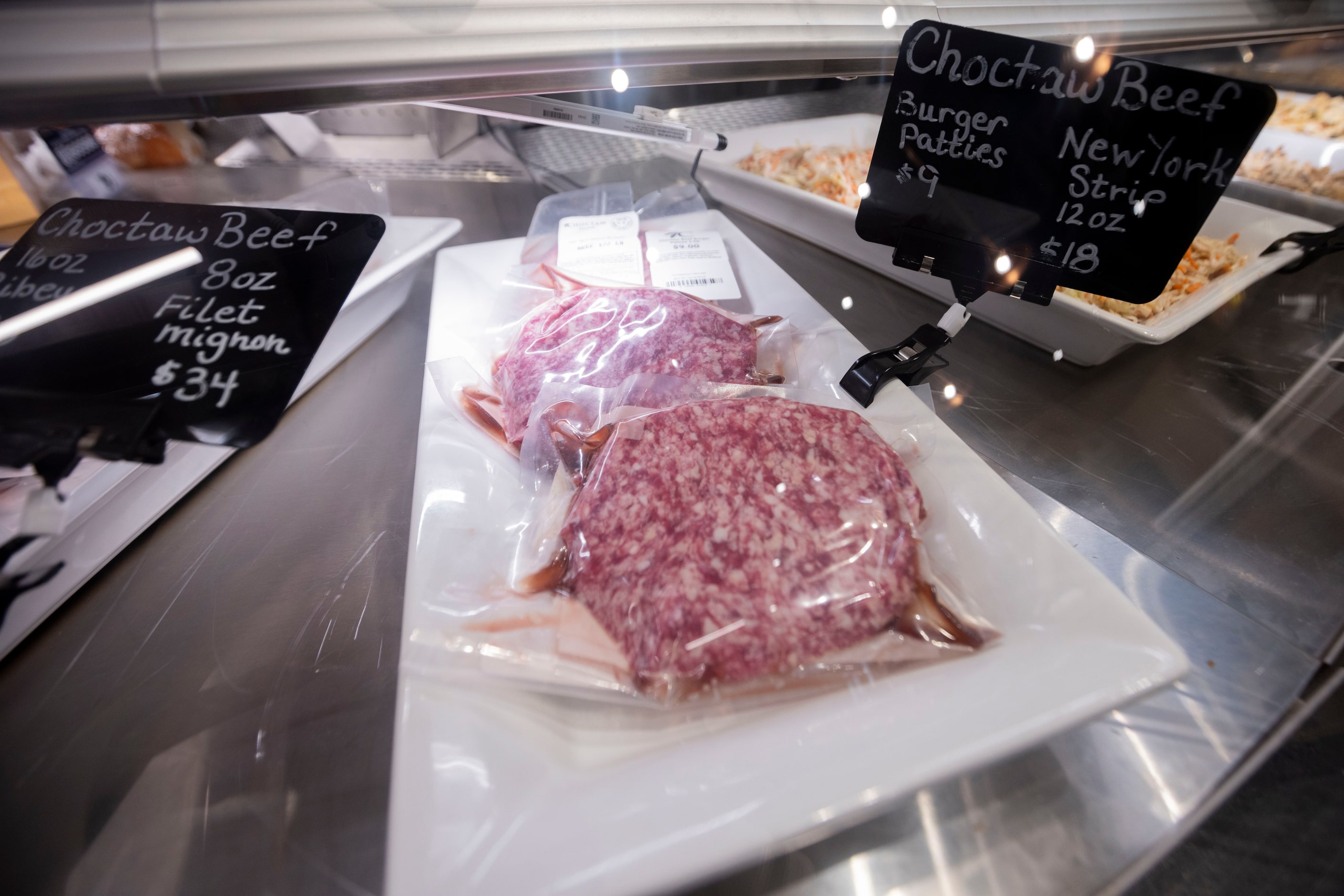 Choctaw beef on sale in the deli area at Choctaw Landing’s mercantile store photographed on...