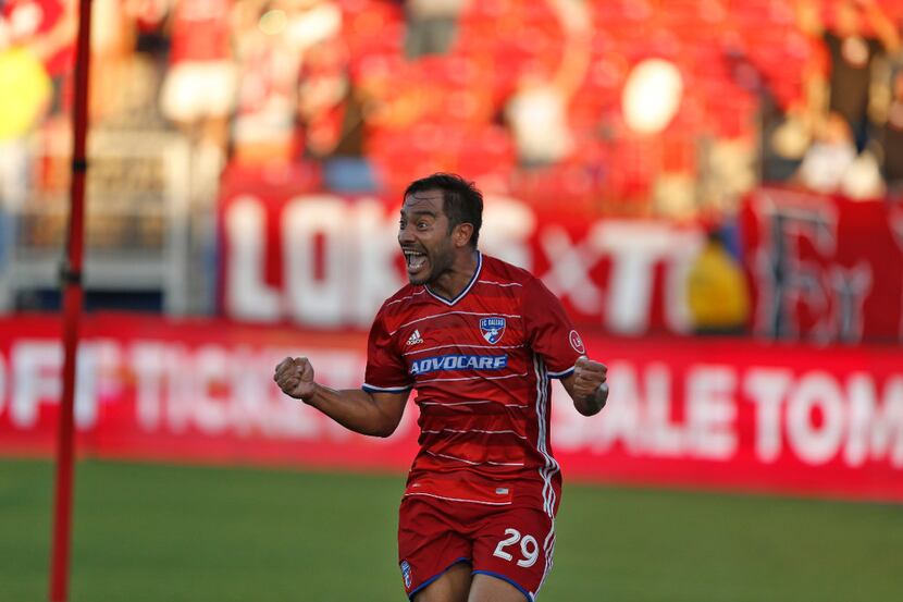 FC Dallas forward Carlos Ruiz (29) celebrates a goal agains Seattle Sounders in the second...